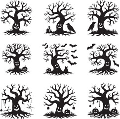 Spooky Halloween Trees Silhouettes Vector Set for Scary Holiday Decorations, Invitations, Cards, and Creepy Designs