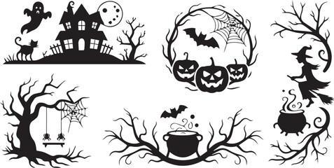 Spooky Halloween Elements Vector Set  Haunted House, Witch, Pumpkins, Ghost, and More for Seasonal Graphic Designs