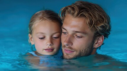 Father and daughter in a swimming pool. the father is on the right side of the image, with his head resting on the daughter's shoulder.