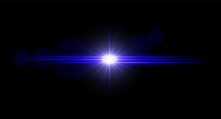 Fototapeta premium Bright light horizontal light flare with central glow and radiant starburst. Sci-fi visual effect on dark background.