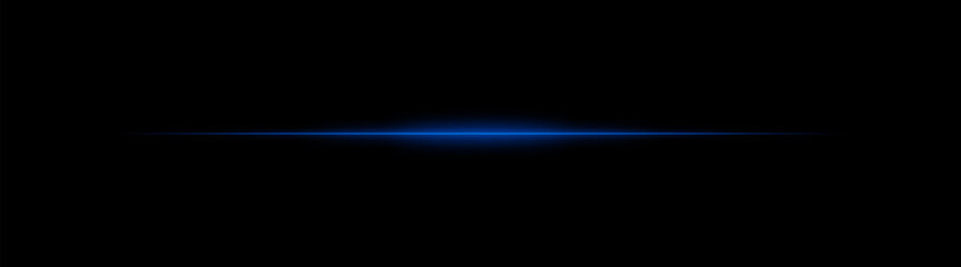 Thin Blue laser beam across dark background with glowing center. Minimalistic horizontal light effect with sharp gradient and smooth fade at edges.