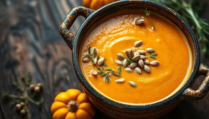 A rustic pot brimming with creamy pumpkin soup, garnished with fresh herbs and pumpkin seeds,   delicious,   healthy eating