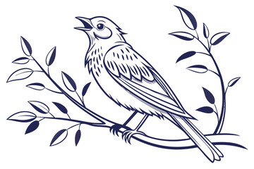 Elegant Line Art Depiction of a Songbird Perched on Branches with Delicate Leaves a Classic and Nature Inspired Design