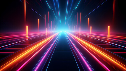 Fototapeta premium Abstract tunnel of a multicolor spectrum background. Bright rays of neon light and colorful glowing lines moving speed through the dark. 3d render