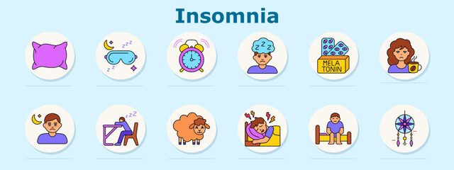 Fototapeta premium Insomnia set icon. Displays pillow, sleep mask, alarm clock, drowsy face, melatonin, caffeine mug, moon with person, sleeping at desk, counting sheep, restless sleep, bed sitting, dreamcatcher