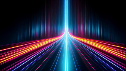 Abstract tunnel of a multicolor spectrum background. Bright rays of neon light and colorful glowing lines moving speed through the dark. 3d render