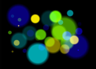 Colorful blurred circles on dark background with smooth soft edges. Overlapping glowing bokeh creates dreamy abstract depth and festive atmosphere without clear focal point.
