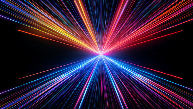 Abstract tunnel of a multicolor spectrum background. Bright rays of neon light and colorful glowing lines moving speed through the dark. 3d render