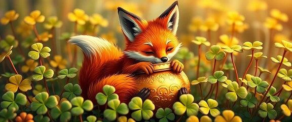 Whimsical fox cradles gold pot amidst four-leaf clovers,  graphic,  pot of gold