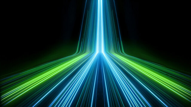 Abstract tunnel of a multicolor spectrum background. Bright rays of neon light and colorful glowing lines moving speed through the dark. 3d render