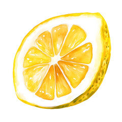 Watercolor PNG of a lemon half, painted in bright yellow tones showing juicy pulp and rind texture. Perfect for fresh summer designs, food illustrations, kitchen decor, and citrus-themed clipart.