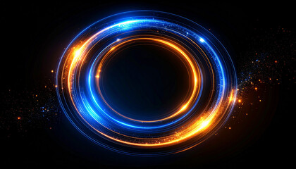 Blue and orange glowing ripple rings in symmetry on dark backdrop. Luminous circular shape.