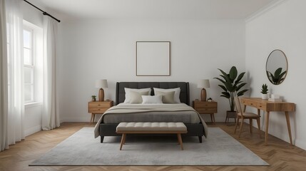 Serene Minimalist Modern Bedroom Interior:  Neutral Tones, Natural Light, Stylish Furniture, and Elegant Decor.