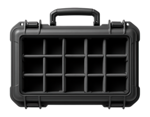 Protective case with a modular divider system for arranging photography gear in a studio.