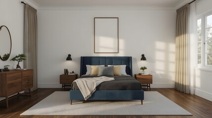 Modern Minimalist Bedroom Interior:  Serene Blue Upholstered Bed, Natural Light, and Neutral Decor.