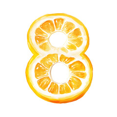 Watercolor PNG of the number "8" shaped like a lemon, painted in bright yellow tones. Perfect for kids’ birthdays, educational materials, nursery prints, and cheerful citrus-themed number clipart.