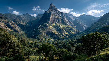 Naklejka premium A mountain range with a clear blue sky and lush green trees