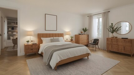 Fototapeta premium Modern Minimalist Bedroom Interior: Calm, Neutral Tones, Wooden Accents, and Natural Light