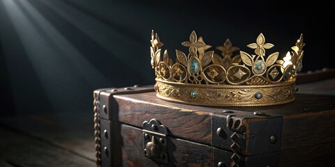 A King's Golden Crown Resting on an Ancient Wooden Treasure Chest