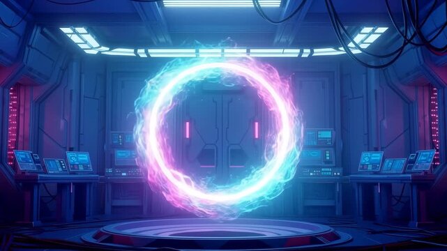 Glowing portal ring in a sci-fi laboratory representing a space-time portal