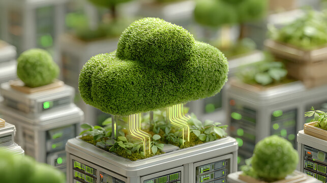 Green cloud symbol on server racks with glowing circuits - Powered by Adobe