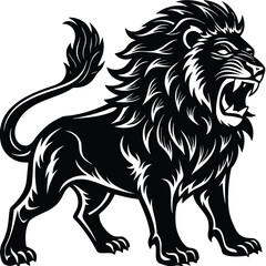Fototapeta premium a lion standing and roaring, bold mane detail in profile view, vector illustration on white background, ideal for strength logos, leadership branding, and wildlife themes