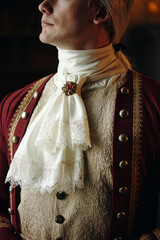 Caucasian young adult man wearing ornate Baroque style clothing standing with head slightly turned...