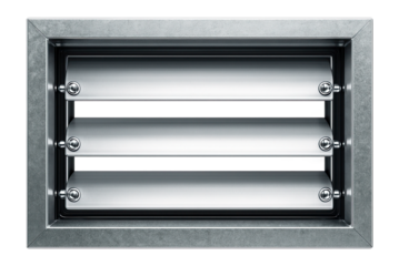 Galvanized steel backdraft damper for preventing reverse airflow in ventilation systems.