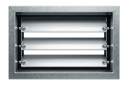 Galvanized steel backdraft damper for preventing reverse airflow in ventilation systems.