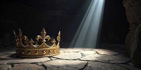 A golden crown sits in a stone cave illuminated by a sunbeam.
