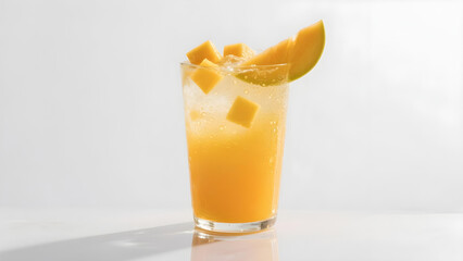 Refreshing mango drink in clear glass with mango garnish, bright and chilled.
