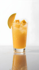 Refreshing mango drink in clear glass with mango garnish, bright and chilled.
