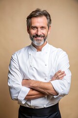 A professional chef in his late 40s with short, slightly graying hair and a neatly trimmed beard. He is wearing a crisp white chef's jacket with the top button undone and a black apron
