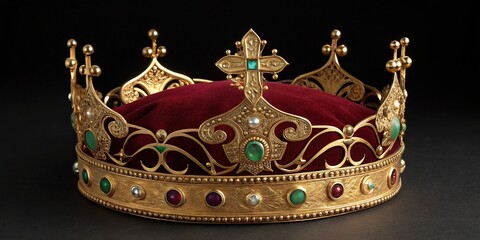 Elaborate golden crown with red velvet cushion and multiple jewels displayed prominently