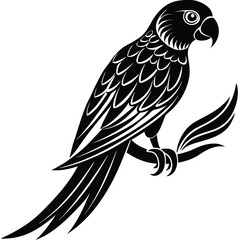 Fototapeta premium a parrot perched on a curved branch, side profile with distinct beak and long tail feathers, minimalist vector art illustration isolated on white background