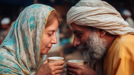 Man and a woman sitting together and holding cups of coffee. the woman is on the left side of the image, wearing a blue headscarf with a floral pattern.