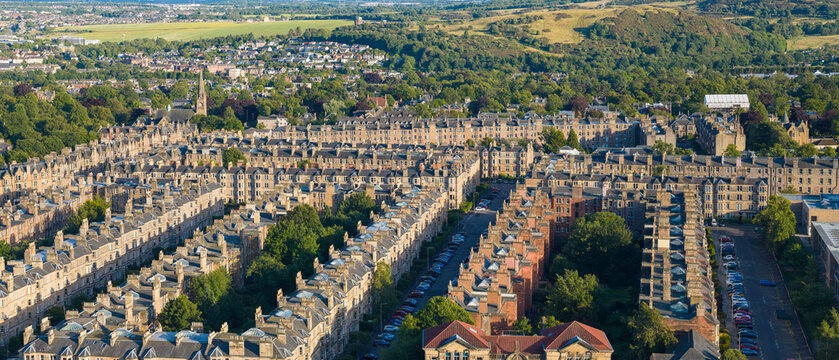 Aerial image showing rows of Marchmont residential  buildings in Edinburgh - Scotland. 