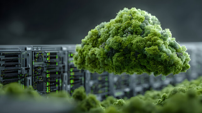 Green moss cloud above server racks with glowing lights