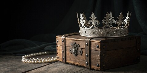 Royal Treasure A glittering crown and pearl necklace atop a rustic box