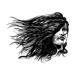 Hand-drawn Portrait of a Smiling Woman with Curly Hair Sketch Art Design