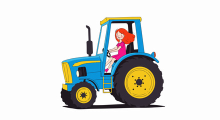 Obraz premium Cartoon tractor with driver on white background. Cartoon tractor design showcases a woman driving farm machinery. This cartoon tractor is suitable for children's books, educational materials,