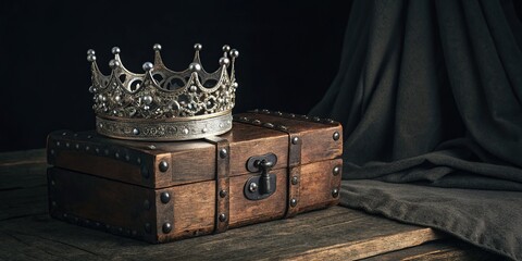 The Majestic Crown Atop the Timeworn Wooden Chest A Kingly Still Life