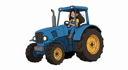 Obraz premium Illustration depicts tractor vehicle with woman smiling and driving. Tractor vehicle with cheerful woman driving with enthusiasm, wearing work clothes and overalls.