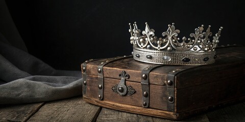 A silver crown resting atop a wooden chest on a rustic surface
