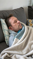 A sick man with fever and flu has health problems