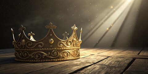 A majestic golden crown bathed in ethereal light rests on wooden planks