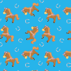 Seamless pattern with cute funny horse and horseshoe