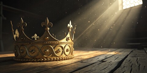 Golden Crown on Weathered Wooden Planks Bathed in Dramatic Sunlight and Mystique
