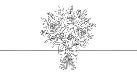 A delicate line art drawing of a romantic bouquet of roses tied with a ribbon