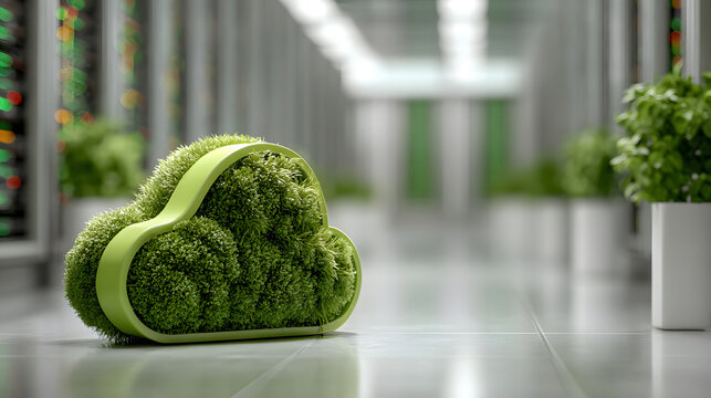 Green moss cloud icon in data center aisle green cloud
